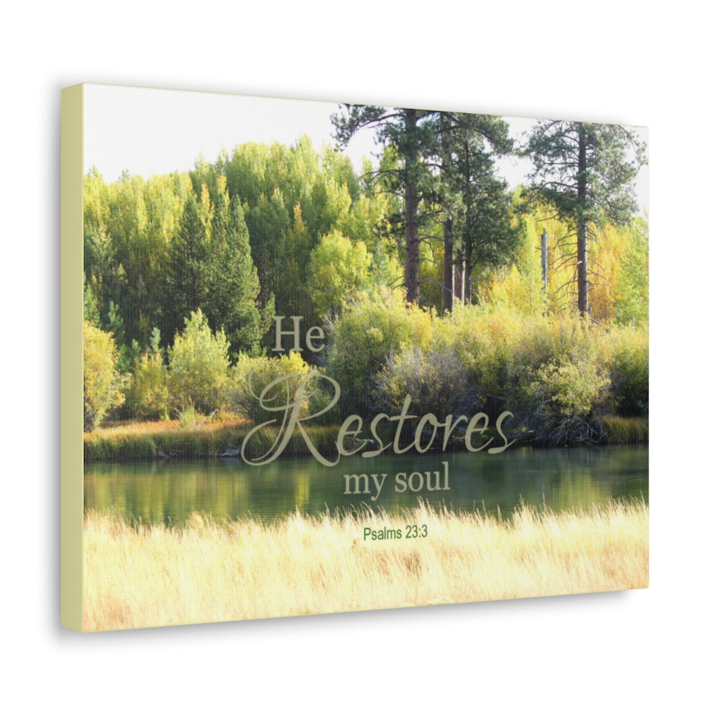 Scripture Walls Restores My Soul Psalm 23:3 Bible Verse Canvas Christian Wall Art Ready to Hang Unframed-Express Your Love Gifts