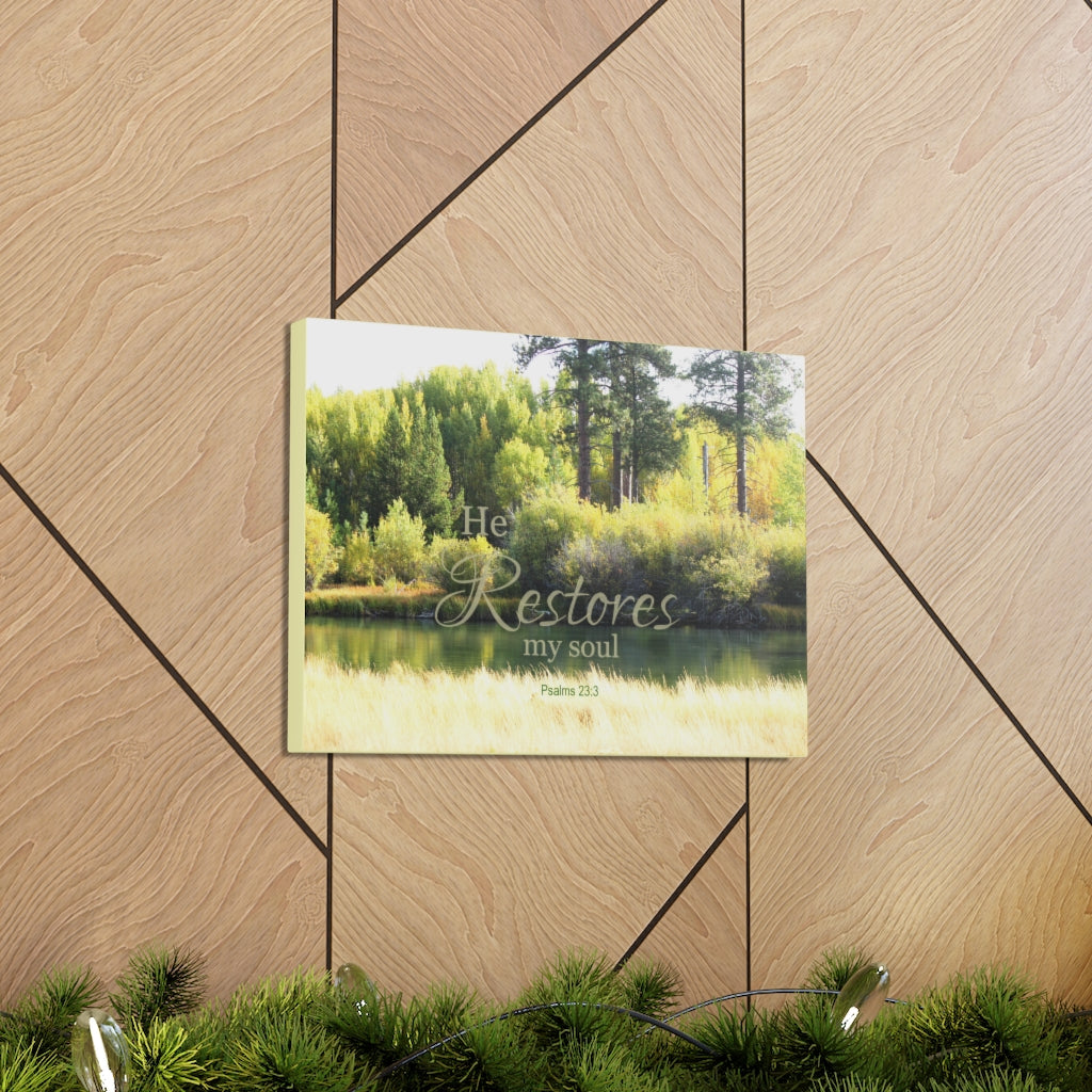 Scripture Walls Restores My Soul Psalm 23:3 Bible Verse Canvas Christian Wall Art Ready to Hang Unframed-Express Your Love Gifts