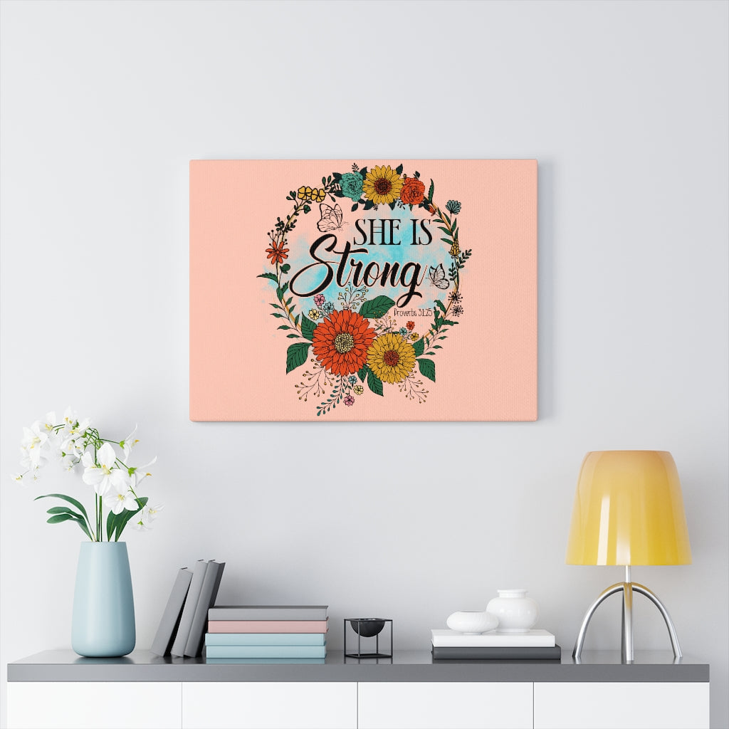 Scripture Walls She Is Strong Peach Proverbs 31:25 Bible Verse Canvas Christian Wall Art Ready to Hang Unframed-Express Your Love Gifts