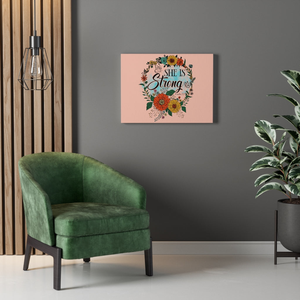 Scripture Walls She Is Strong Peach Proverbs 31:25 Bible Verse Canvas Christian Wall Art Ready to Hang Unframed-Express Your Love Gifts