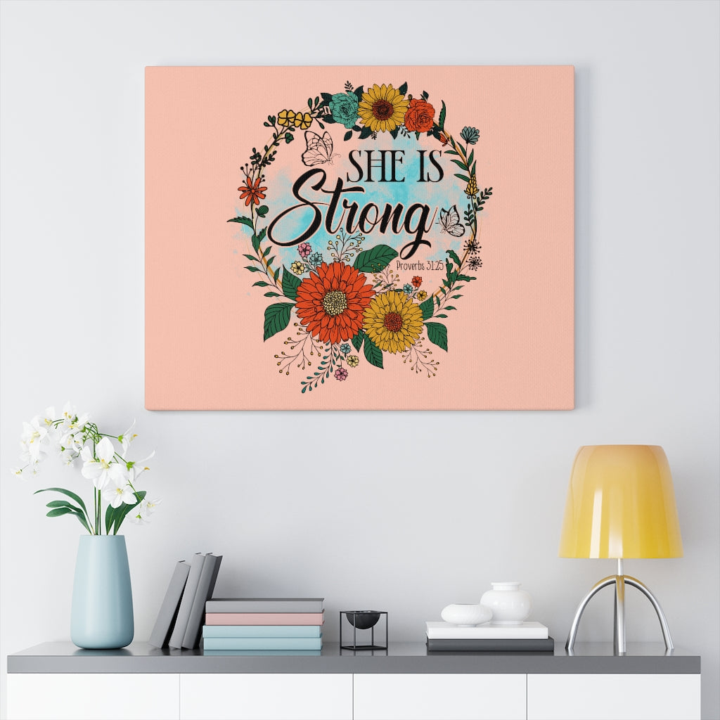 Scripture Walls She Is Strong Peach Proverbs 31:25 Bible Verse Canvas Christian Wall Art Ready to Hang Unframed-Express Your Love Gifts