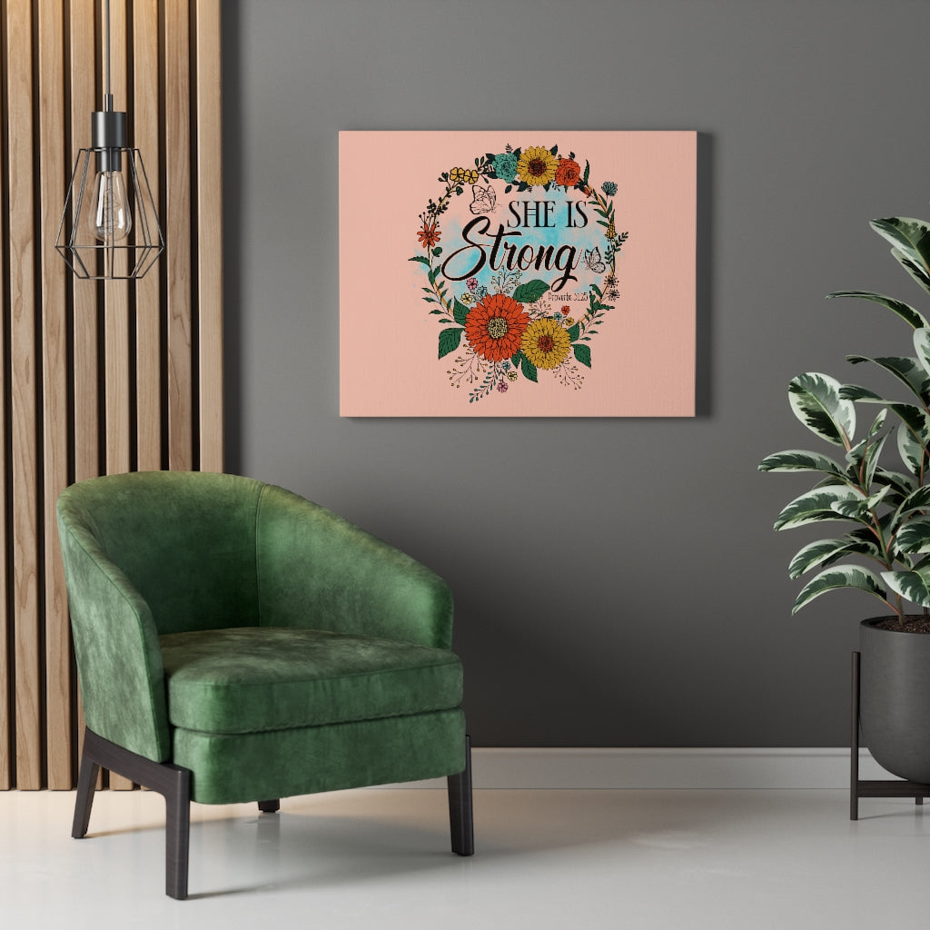 Scripture Walls She Is Strong Peach Proverbs 31:25 Bible Verse Canvas Christian Wall Art Ready to Hang Unframed-Express Your Love Gifts