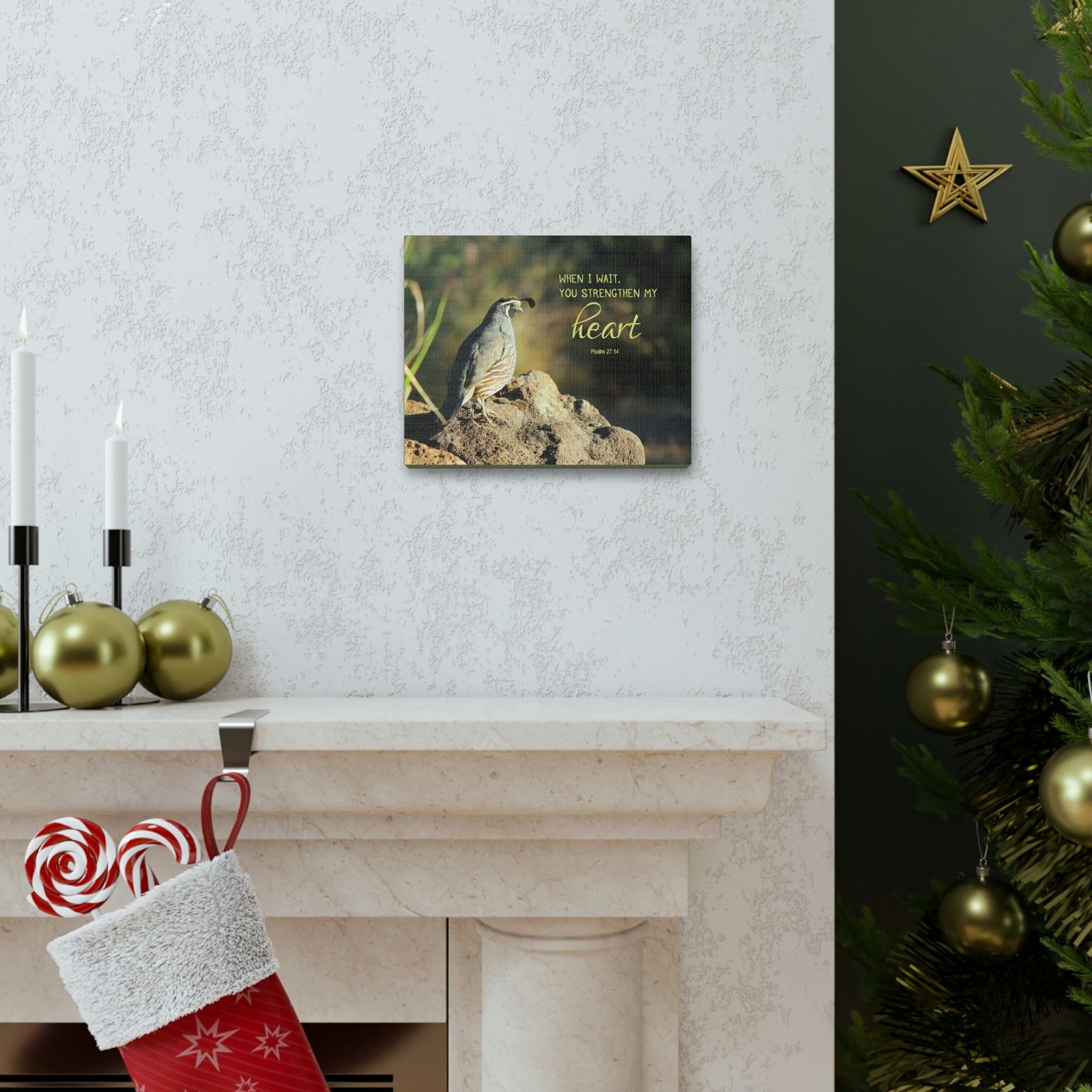 Scripture Walls Strengthen My Heart Psalm 27:14 Bird Bible Verse Canvas Christian Wall Art Ready to Hang Unframed-Express Your Love Gifts