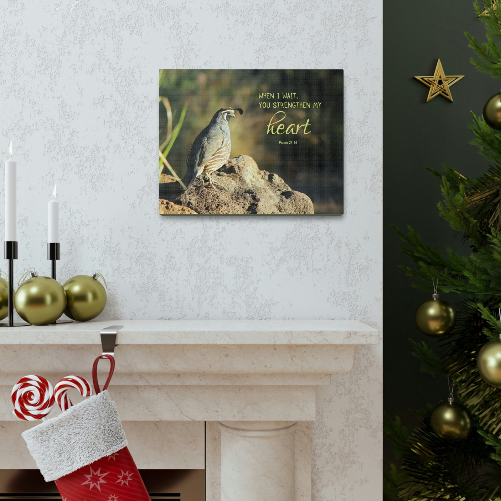 Scripture Walls Strengthen My Heart Psalm 27:14 Bird Bible Verse Canvas Christian Wall Art Ready to Hang Unframed-Express Your Love Gifts