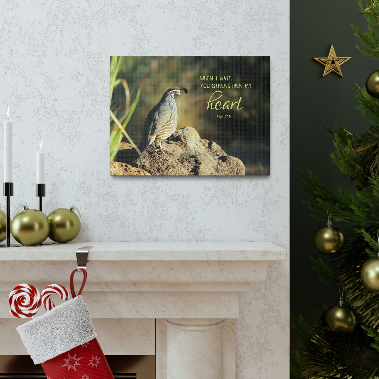 Scripture Walls Strengthen My Heart Psalm 27:14 Bird Bible Verse Canvas Christian Wall Art Ready to Hang Unframed-Express Your Love Gifts