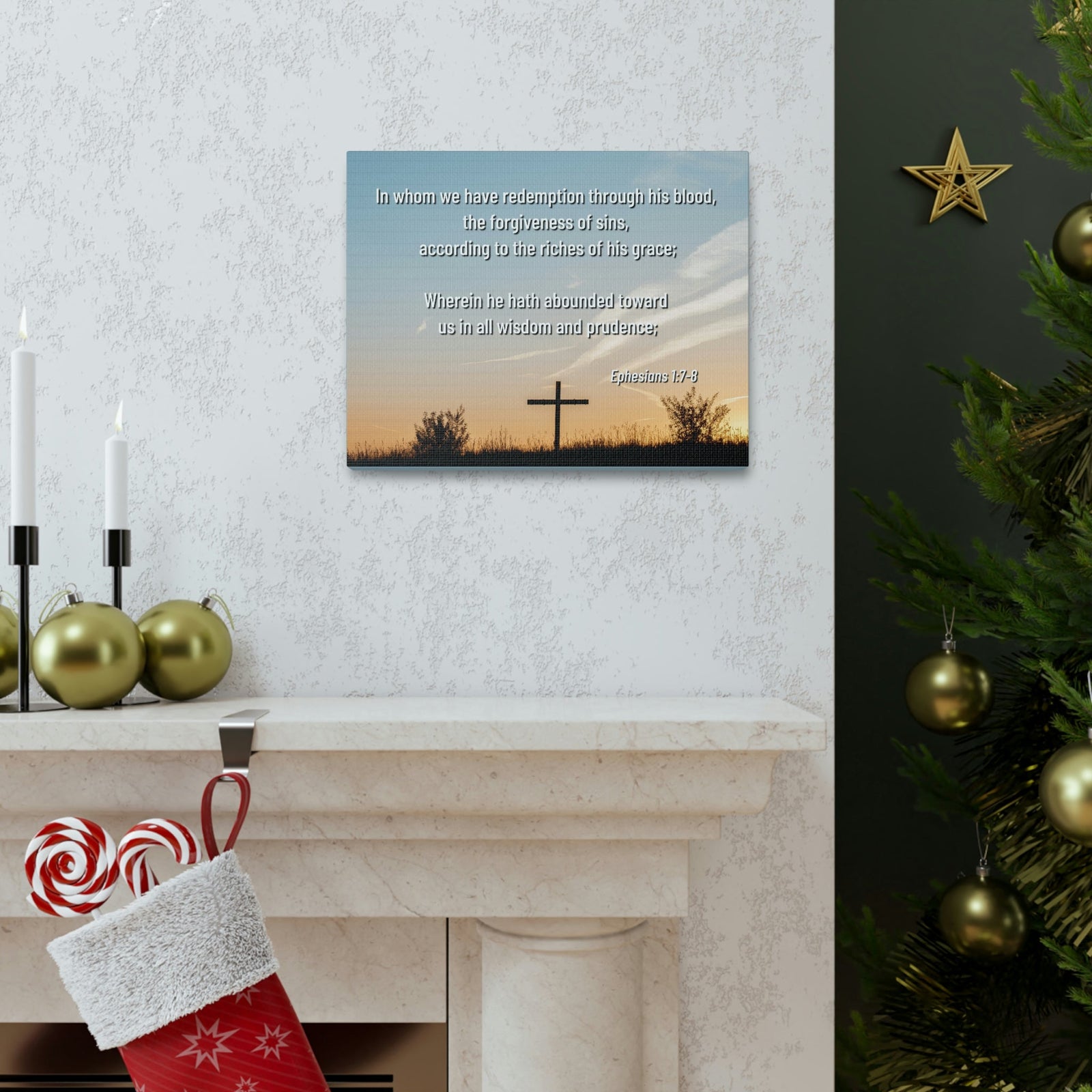 Scripture Walls Through His Blood Ephesians 1:7 Bible Verse Canvas Christian Wall Art Ready to Hang Unframed-Express Your Love Gifts