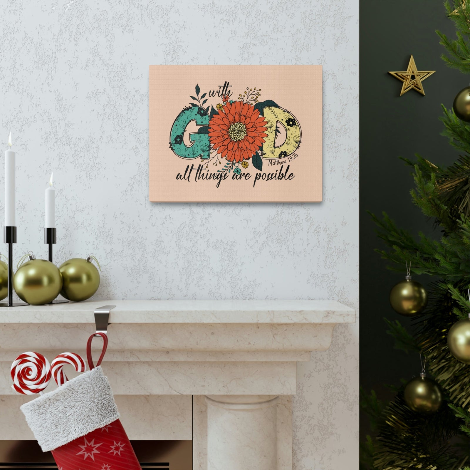 Scripture Walls With God Mark 10:27 Three Flowers Peach Christian Wall Art Bible Verse Print Ready to Hang Unframed-Express Your Love Gifts