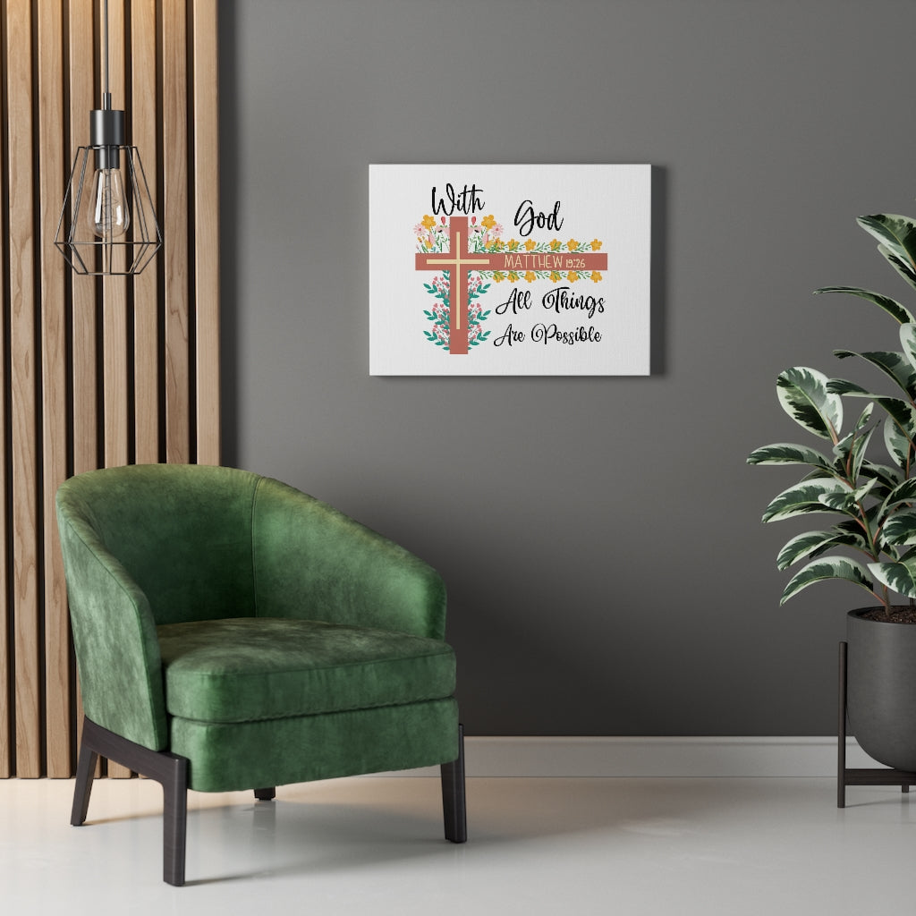 Scripture Walls With God Matthew 19:26 Flower Cross Bible Verse Canvas Christian Wall Art Ready to Hang Unframed-Express Your Love Gifts