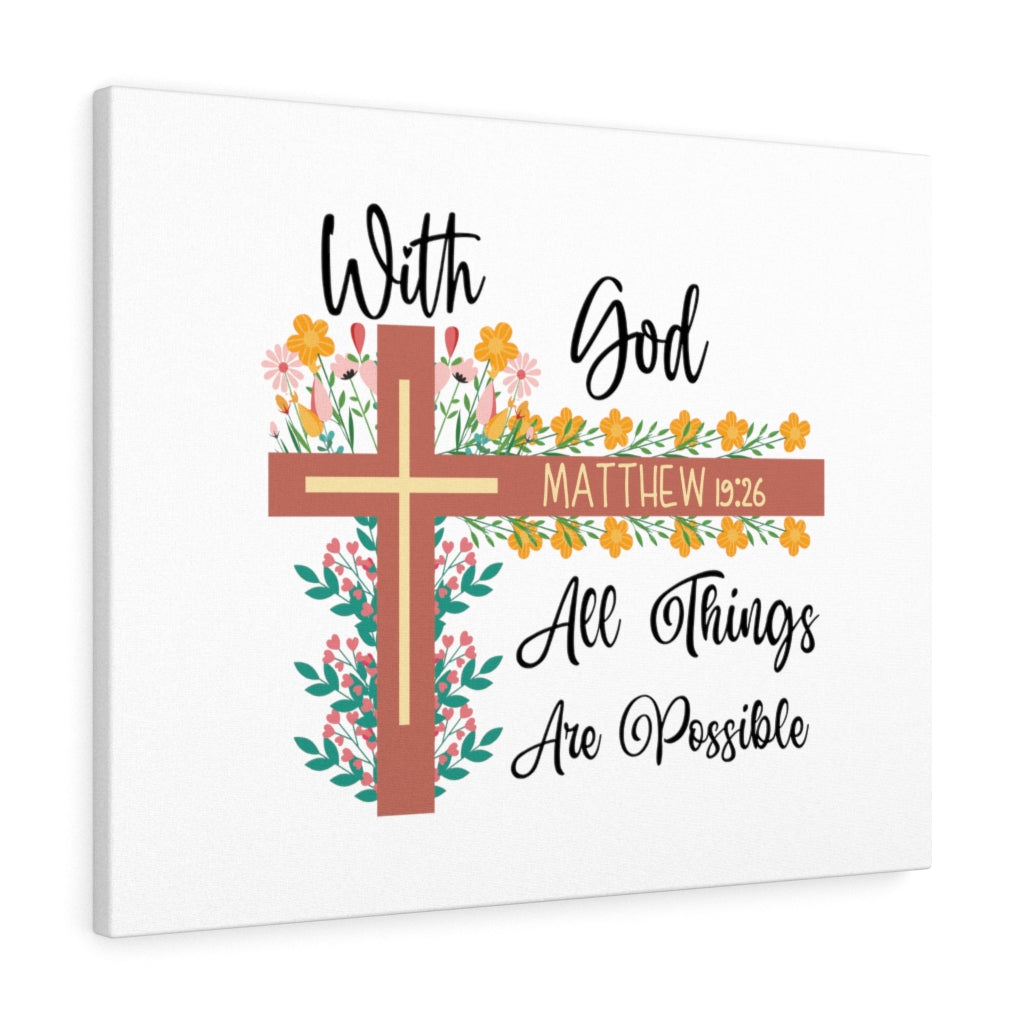 Scripture Walls With God Matthew 19:26 Flower Cross Bible Verse Canvas Christian Wall Art Ready to Hang Unframed-Express Your Love Gifts