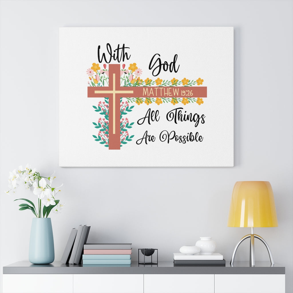Scripture Walls With God Matthew 19:26 Flower Cross Bible Verse Canvas Christian Wall Art Ready to Hang Unframed-Express Your Love Gifts
