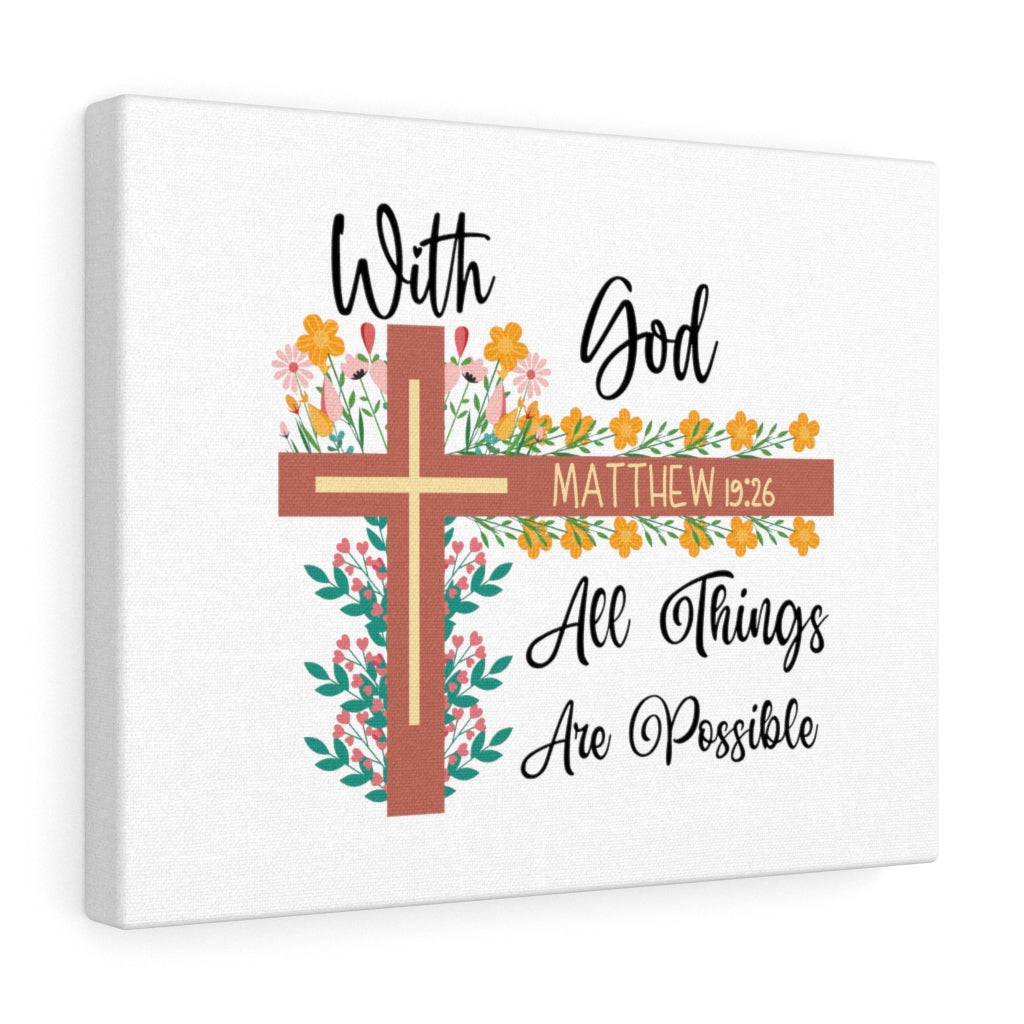 Scripture Walls With God Matthew 19:26 Flower Cross Bible Verse Canvas Christian Wall Art Ready to Hang Unframed-Express Your Love Gifts