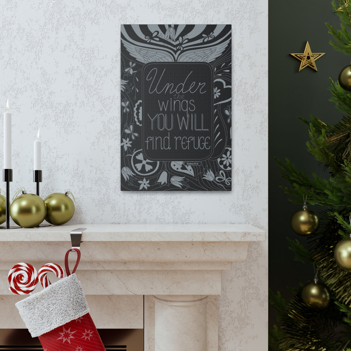 Scripture Walls You Will Find Refuge Psalm 91:4 Dark Bible Verse Canvas Christian Wall Art Ready to Hang Unframed-Express Your Love Gifts