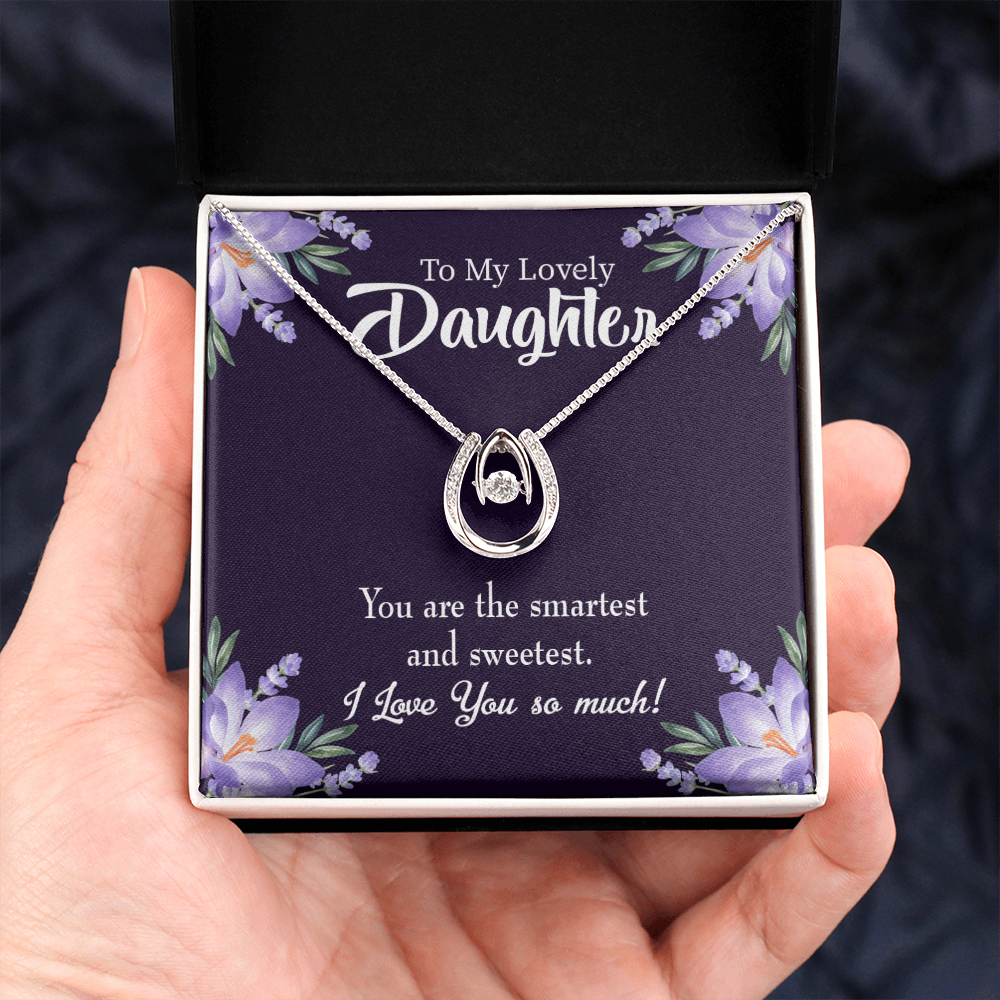 Smartest and Sweetest Daughter Lucky Horseshoe Necklace Message Card 14k w CZ Crystals-Express Your Love Gifts