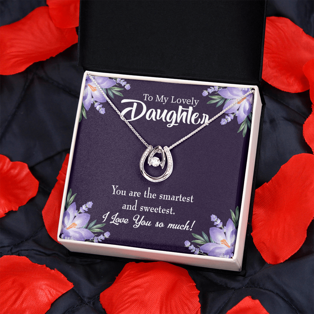 Smartest and Sweetest Daughter Lucky Horseshoe Necklace Message Card 14k w CZ Crystals-Express Your Love Gifts