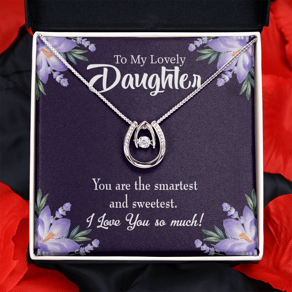Smartest and Sweetest Daughter Lucky Horseshoe Necklace Message Card 14k w CZ Crystals-Express Your Love Gifts