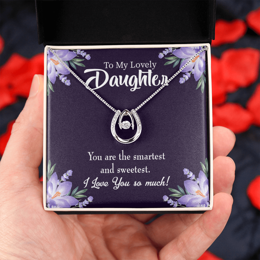 Smartest and Sweetest Daughter Lucky Horseshoe Necklace Message Card 14k w CZ Crystals-Express Your Love Gifts