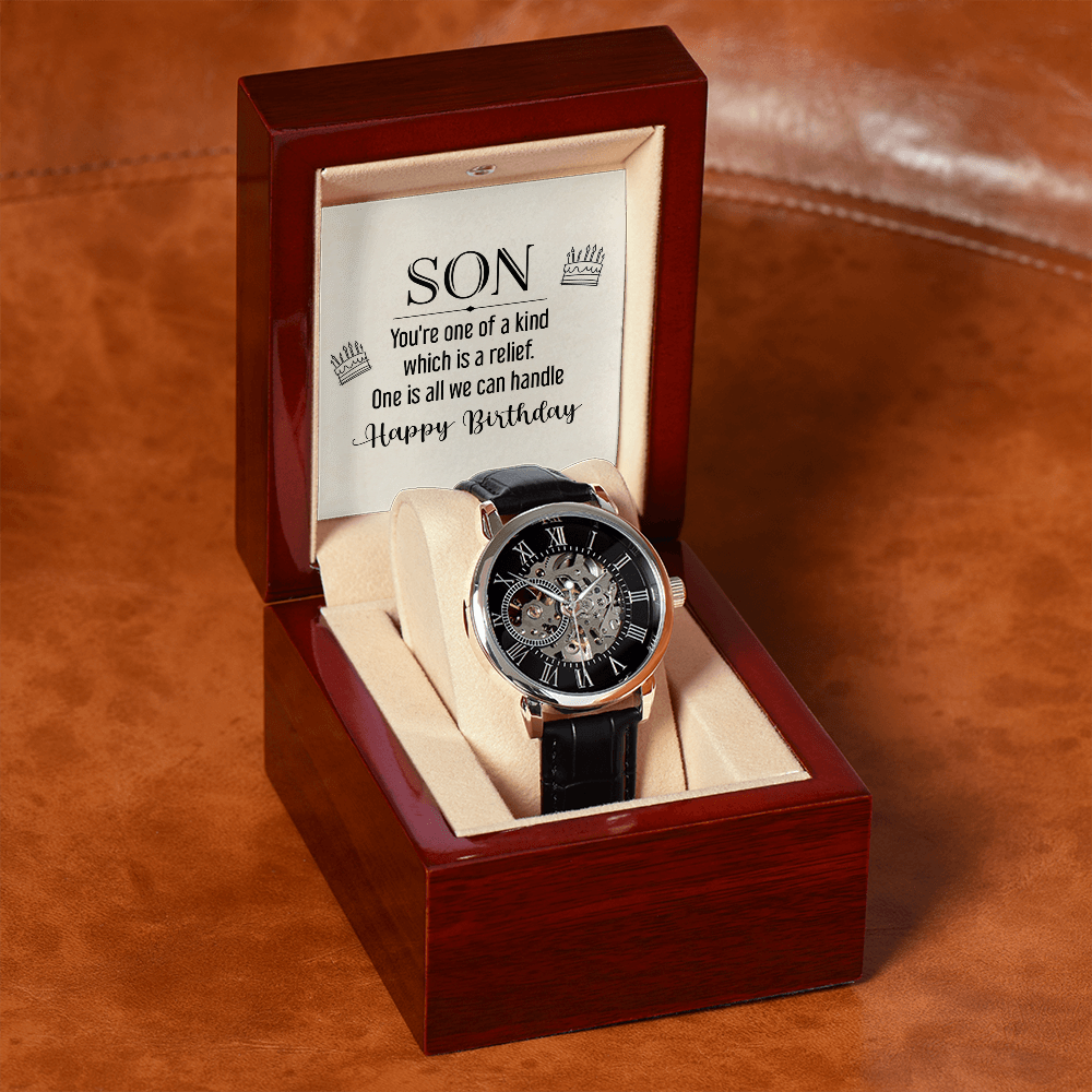 Son You're One of a Kind Men's Openwork Watch With Mahogany Box-Express Your Love Gifts