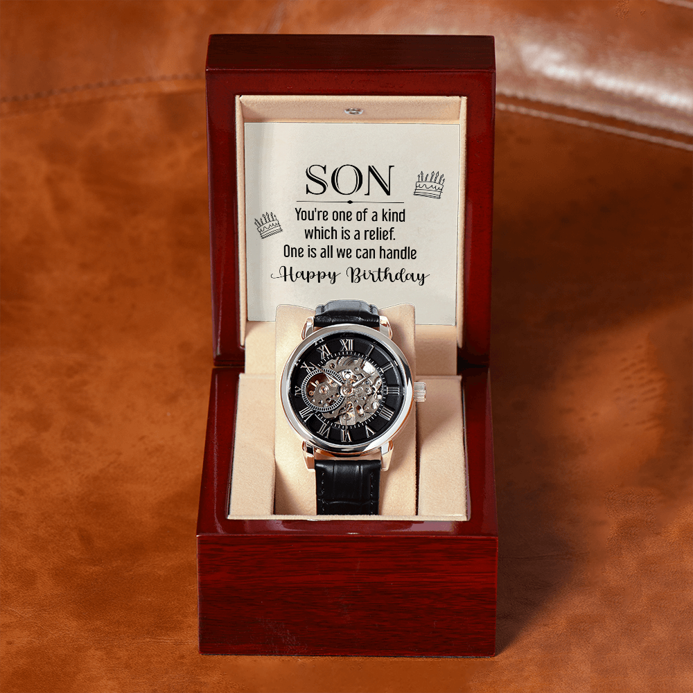 Son You're One of a Kind Men's Openwork Watch With Message Card in Mahogany Box-Express Your Love Gifts