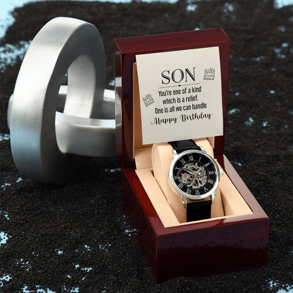 Son You're One of a Kind Men's Openwork Watch With Message Card in Mahogany Box-Express Your Love Gifts