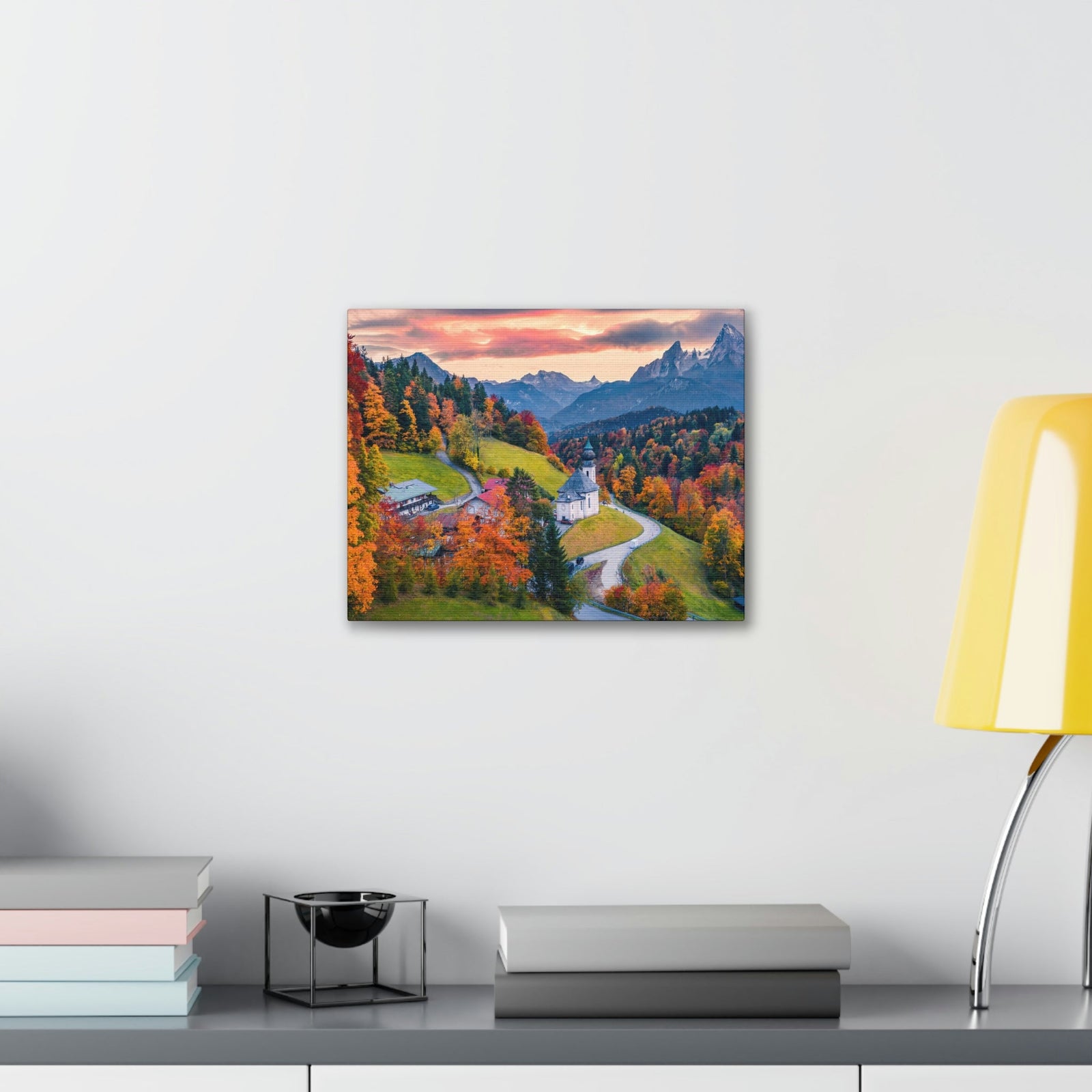 Splendid Autumn Sunset at the Countryside Scene Beautiful Awesome and Impressive View Beauty Nature Scene Big Trees and Alps Wall Art Ready to Hang Unframed-Express Your Love Gifts