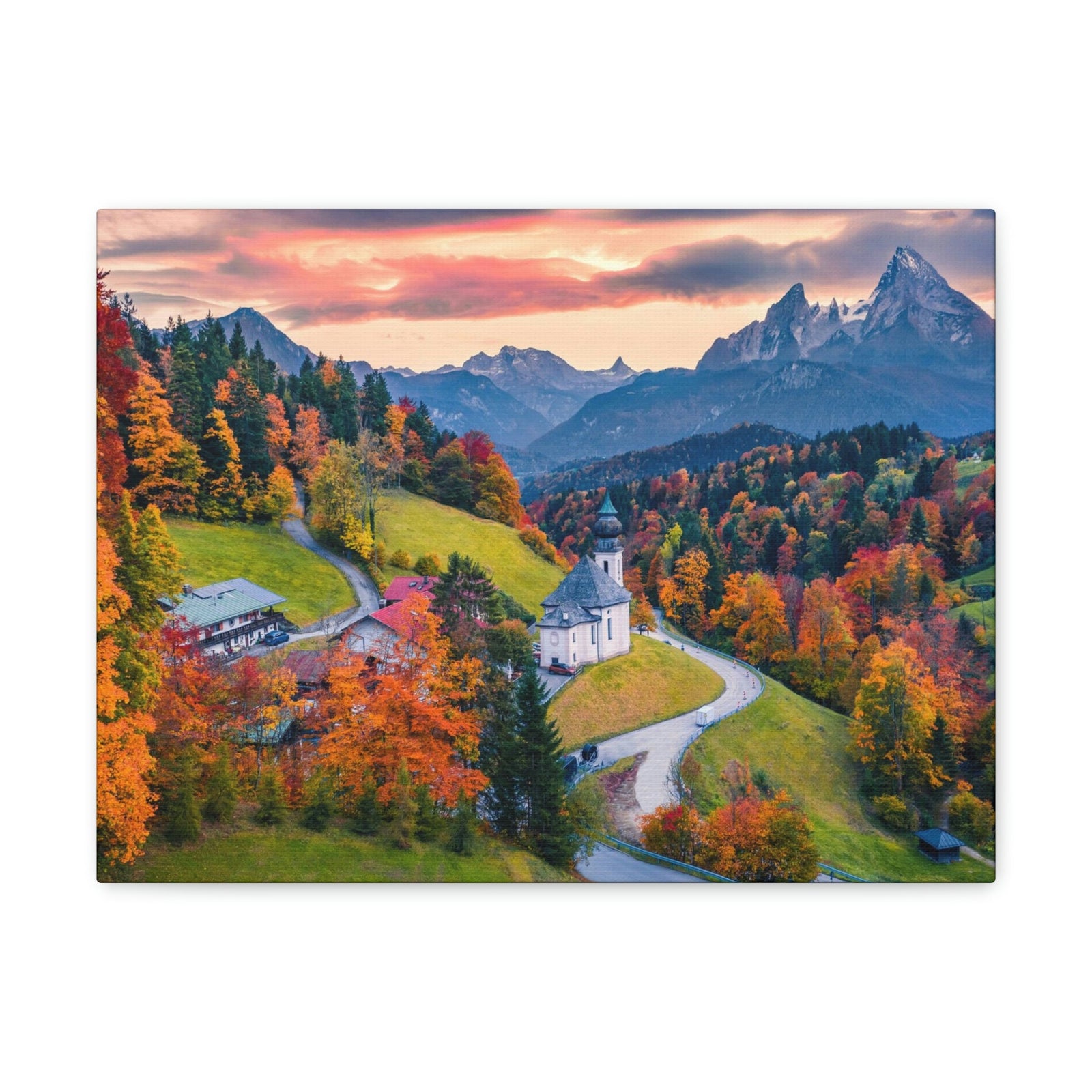 Splendid Autumn Sunset at the Countryside Scene Beautiful Awesome and Impressive View Beauty Nature Scene Big Trees and Alps Wall Art Ready to Hang Unframed-Express Your Love Gifts