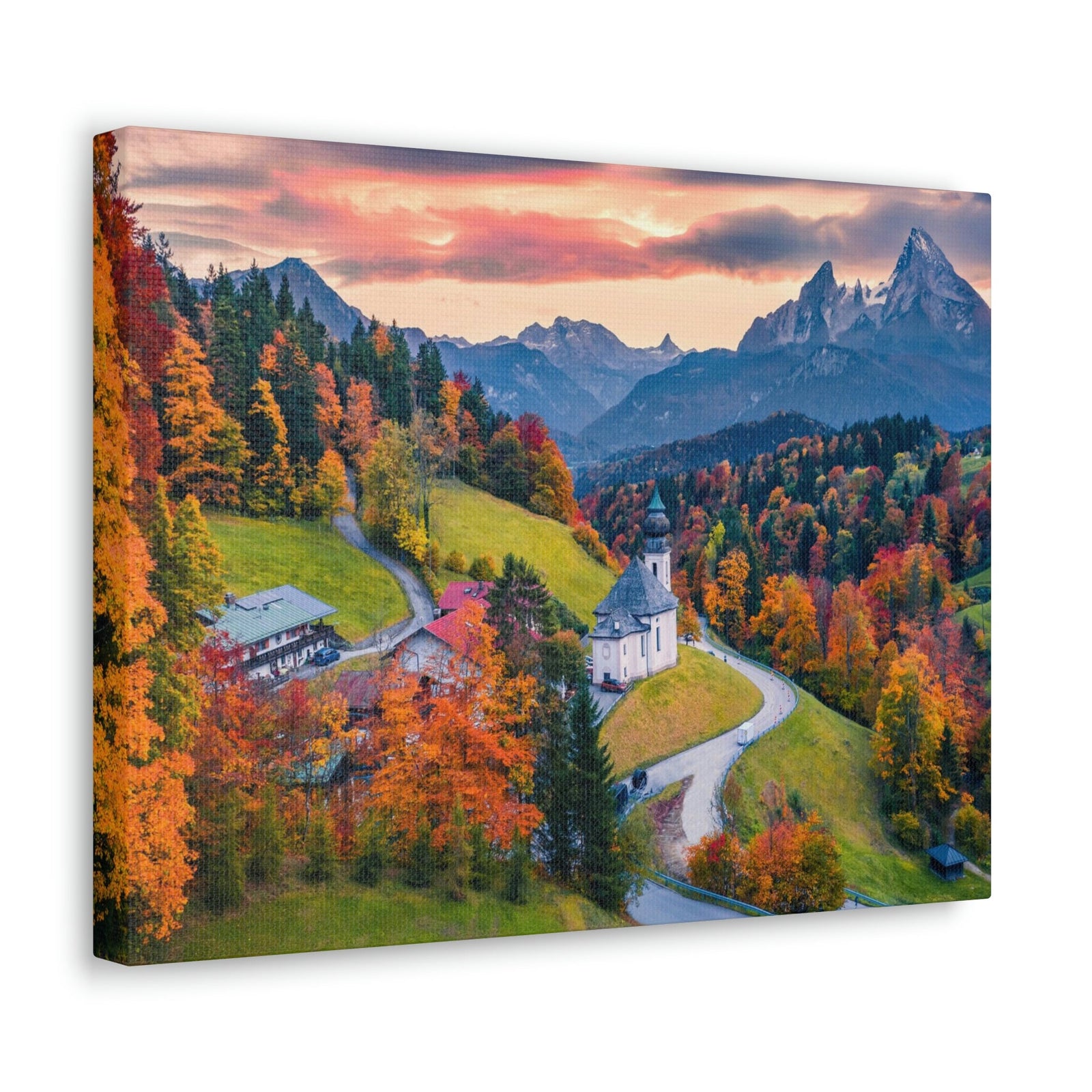 Splendid Autumn Sunset at the Countryside Scene Beautiful Awesome and Impressive View Beauty Nature Scene Big Trees and Alps Wall Art Ready to Hang Unframed-Express Your Love Gifts