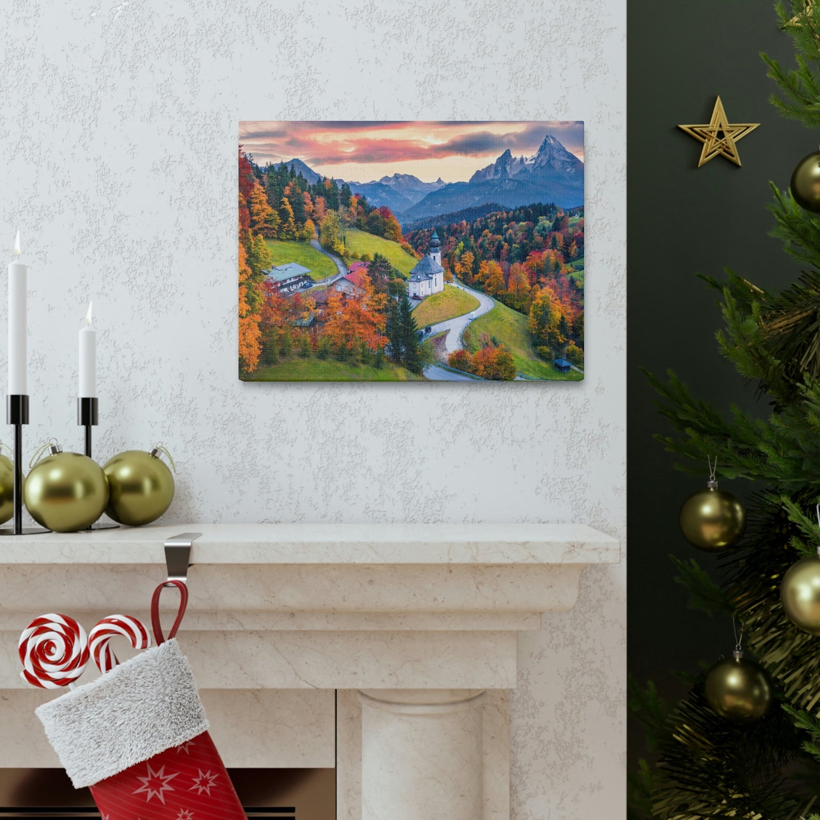Splendid Autumn Sunset at the Countryside Scene Beautiful Awesome and Impressive View Beauty Nature Scene Big Trees and Alps Wall Art Ready to Hang Unframed-Express Your Love Gifts