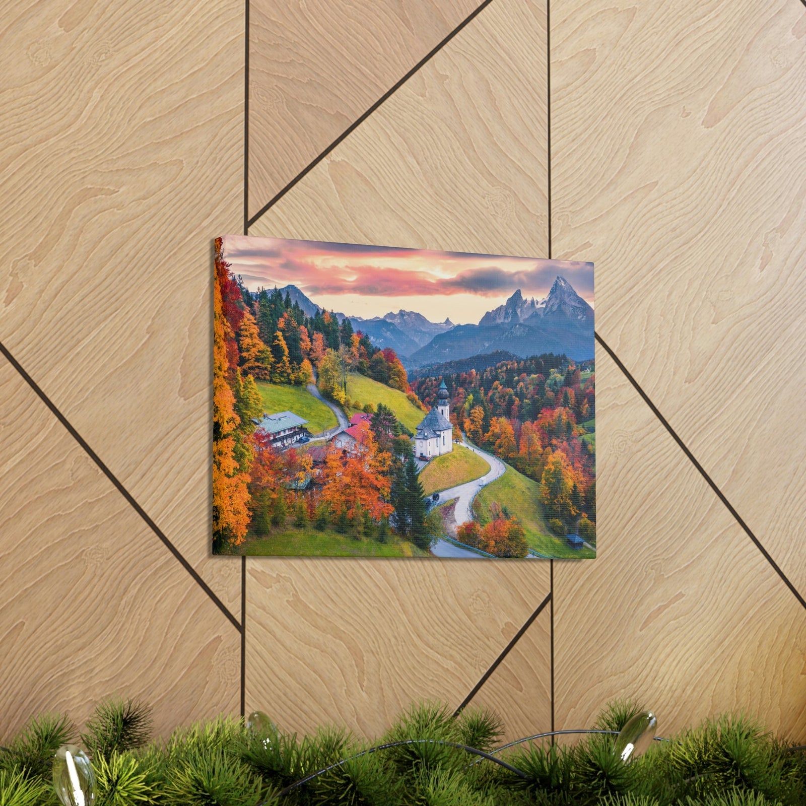 Splendid Autumn Sunset at the Countryside Scene Beautiful Awesome and Impressive View Beauty Nature Scene Big Trees and Alps Wall Art Ready to Hang Unframed-Express Your Love Gifts