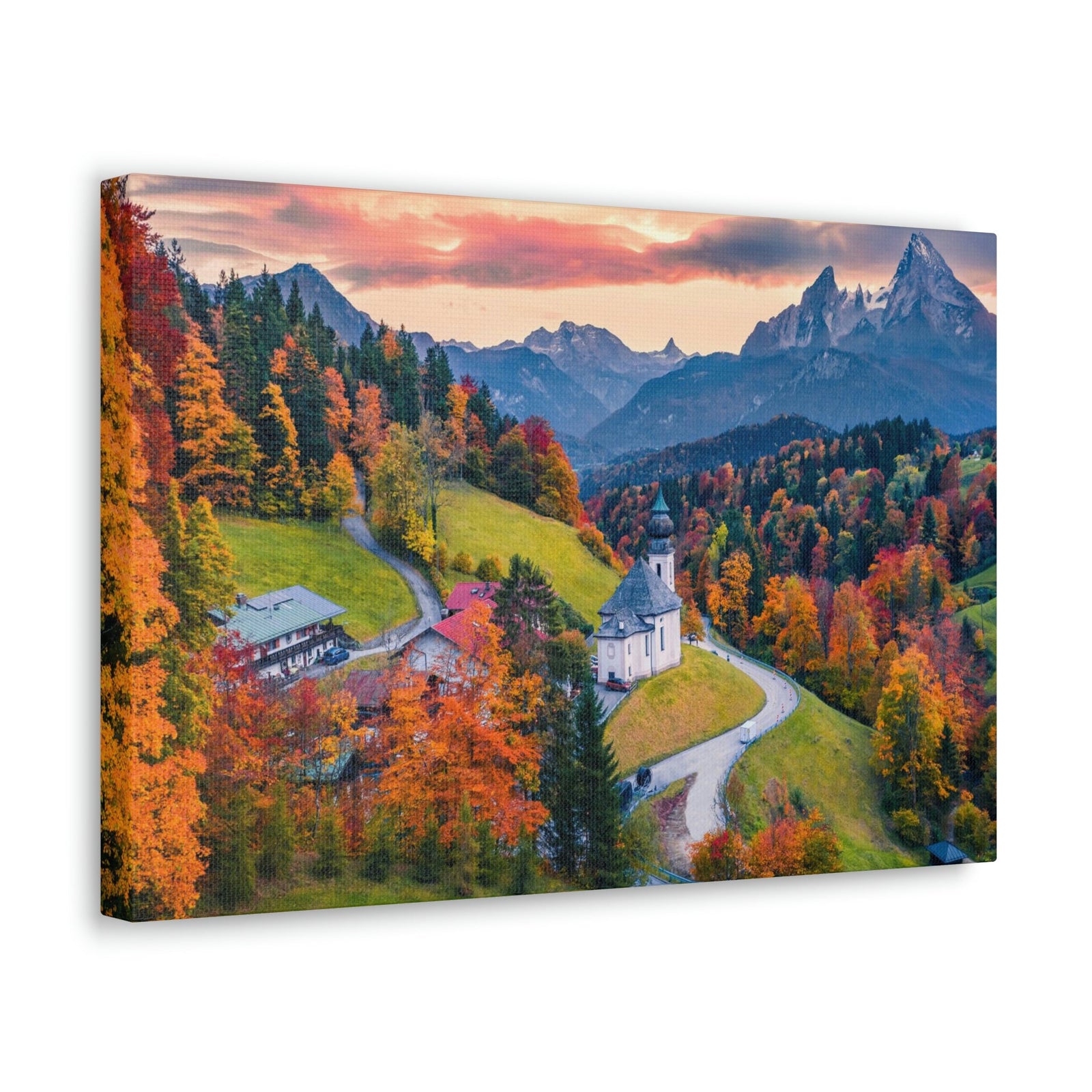 Splendid Autumn Sunset at the Countryside Scene Beautiful Awesome and Impressive View Beauty Nature Scene Big Trees and Alps Wall Art Ready to Hang Unframed-Express Your Love Gifts