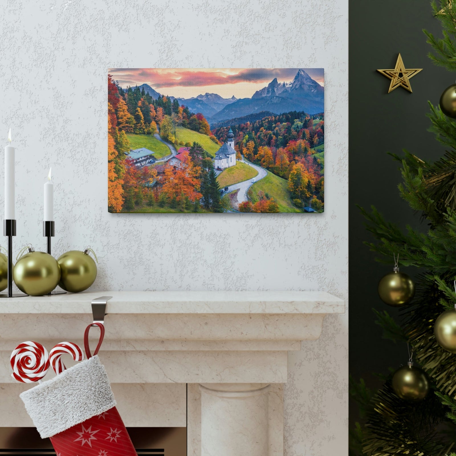 Splendid Autumn Sunset at the Countryside Scene Beautiful Awesome and Impressive View Beauty Nature Scene Big Trees and Alps Wall Art Ready to Hang Unframed-Express Your Love Gifts