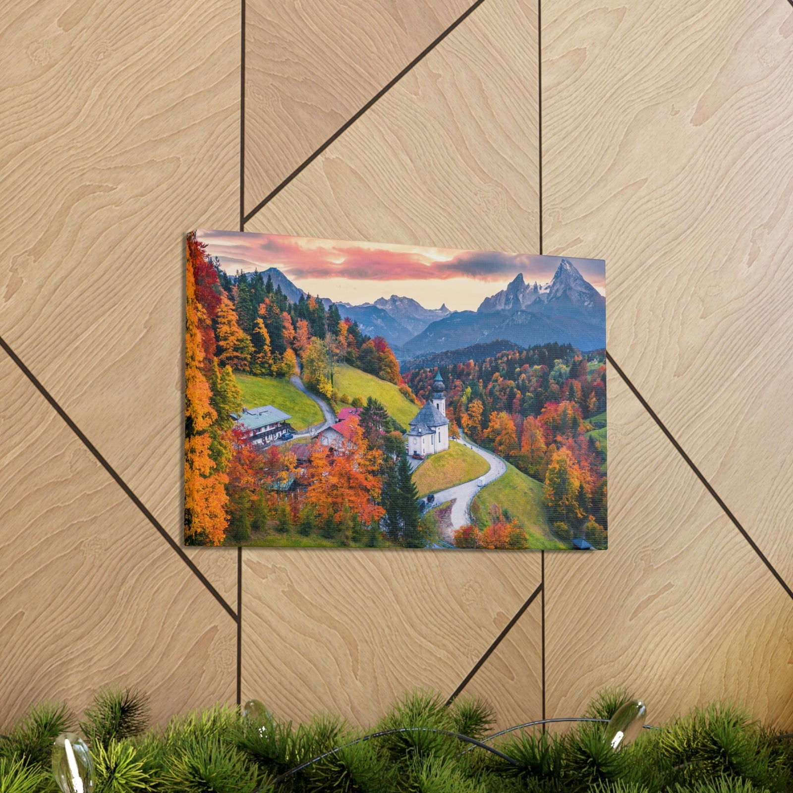 Splendid Autumn Sunset at the Countryside Scene Beautiful Awesome and Impressive View Beauty Nature Scene Big Trees and Alps Wall Art Ready to Hang Unframed-Express Your Love Gifts