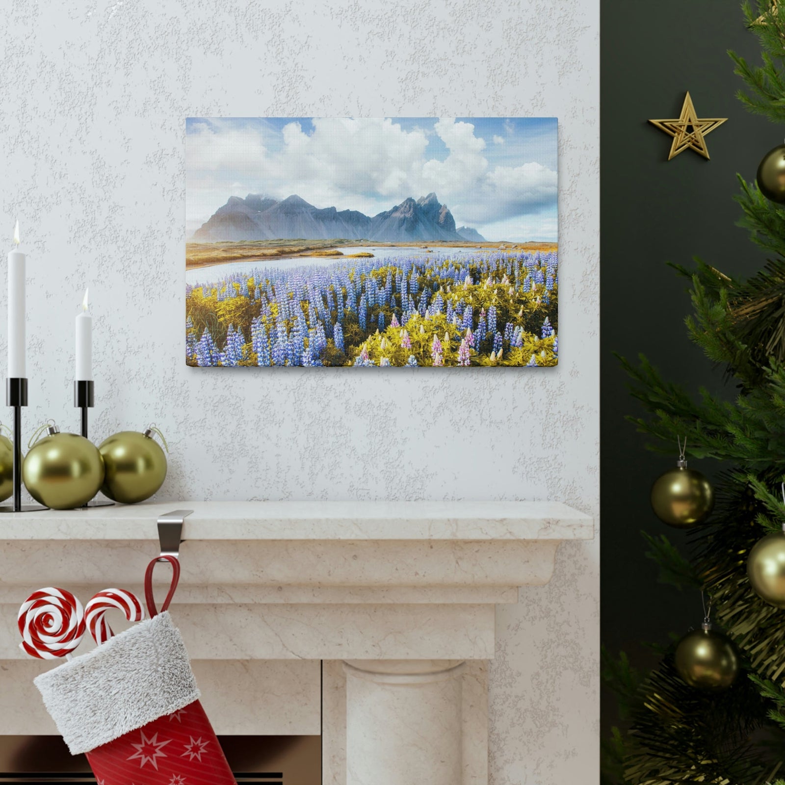 Splendid Lupine Flower on Sunny Day Scene Beautiful Surprising and Shocking Beauty Nature Scene View of Mountain in Flower Garden Wall Art Ready to Hang Unframed-Express Your Love Gifts