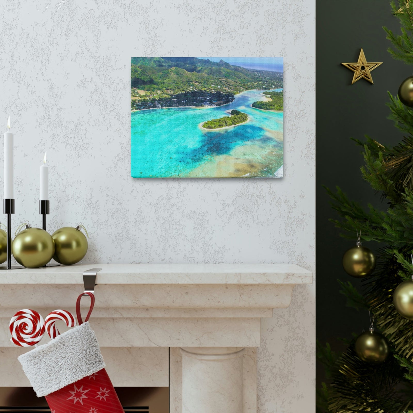 Stunning Breathtaking Island Scene Beautiful Clear Turquoise Water Beauty Nature Scene Green Mountains Wall Art Ready to Hang Unframed-Express Your Love Gifts