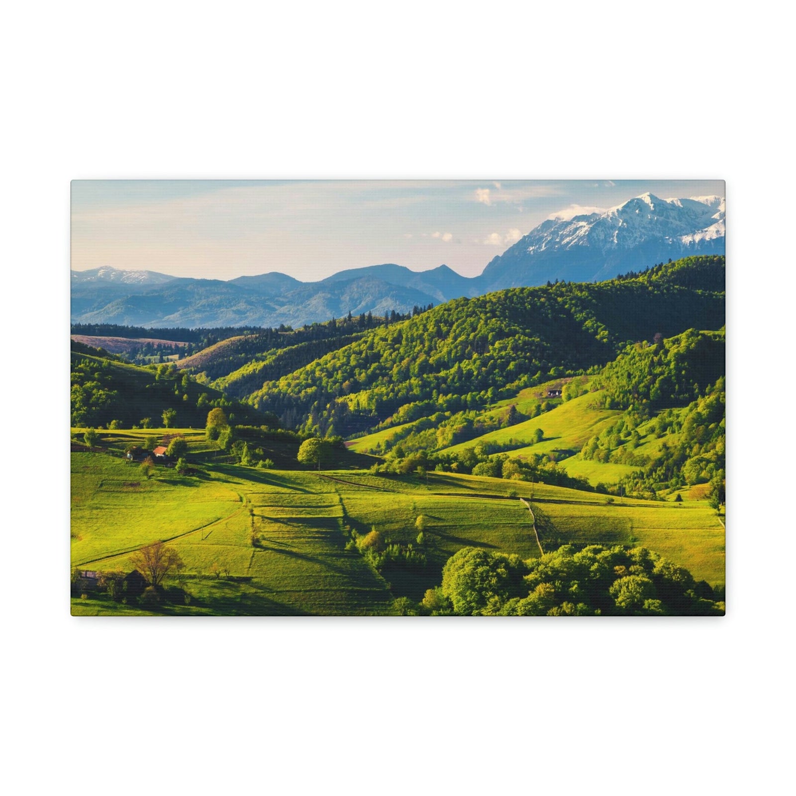 Stunning Spring at the Countryside Scene Beautiful Marvelous and Fabulous Hill Beauty Nature Scene Green Fields and Snowy Mountain Wall Art Ready to Hang Unframed-Express Your Love Gifts