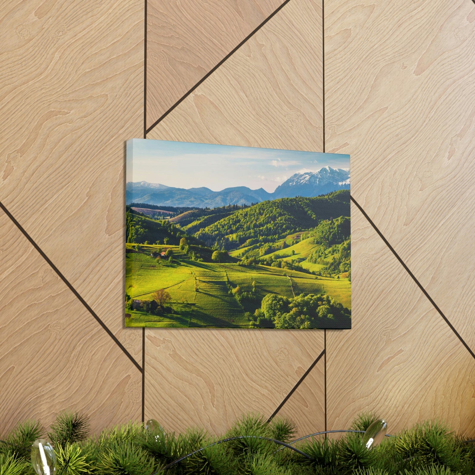 Stunning Spring at the Countryside Scene Beautiful Marvelous and Fabulous Hill Beauty Nature Scene Green Fields and Snowy Mountain Wall Art Ready to Hang Unframed-Express Your Love Gifts