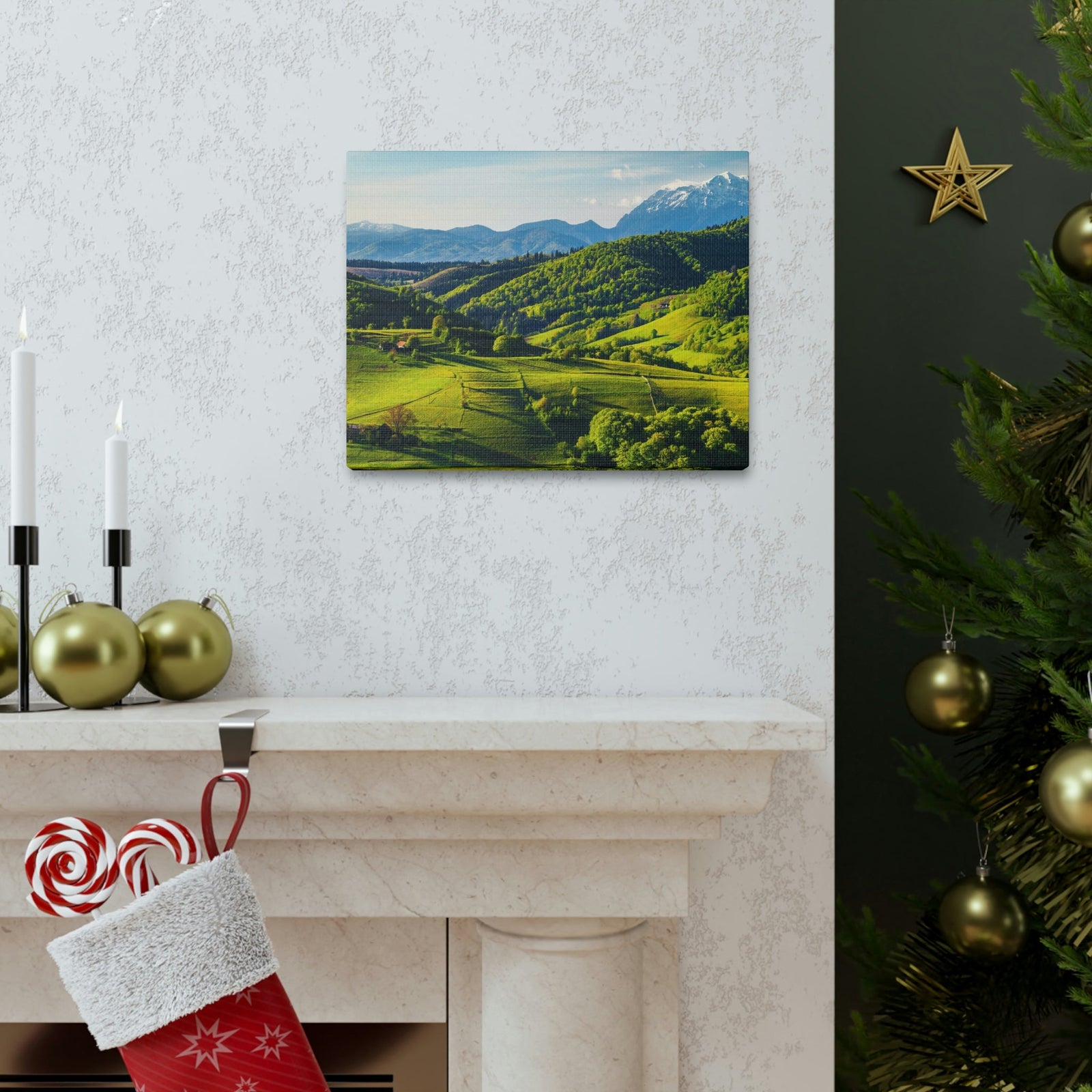 Stunning Spring at the Countryside Scene Beautiful Marvelous and Fabulous Hill Beauty Nature Scene Green Fields and Snowy Mountain Wall Art Ready to Hang Unframed-Express Your Love Gifts