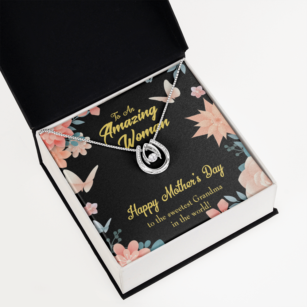 Sweetest Grandma Lucky Horseshoe Necklace Message Card 14k w CZ Crystals-Express Your Love Gifts