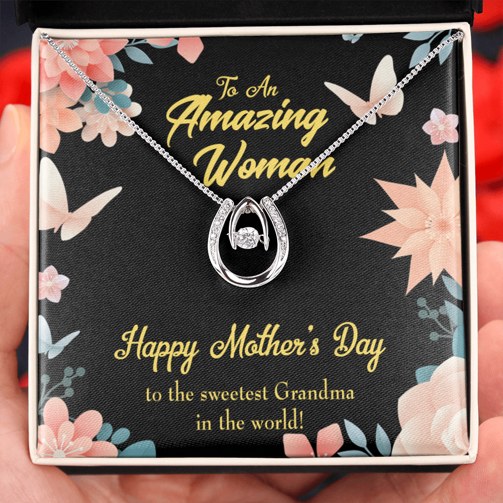Sweetest Grandma Lucky Horseshoe Necklace Message Card 14k w CZ Crystals-Express Your Love Gifts