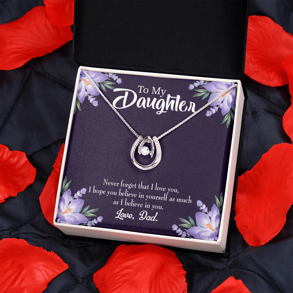 To Daughter from Dad Believe in Yourself Lucky Horseshoe Necklace Message Card 14k w CZ Crystals-Express Your Love Gifts