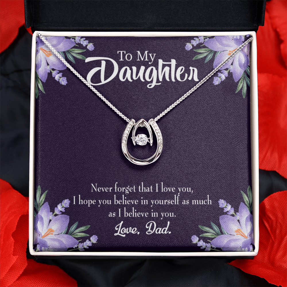 To Daughter from Dad Believe in Yourself Lucky Horseshoe Necklace Message Card 14k w CZ Crystals-Express Your Love Gifts