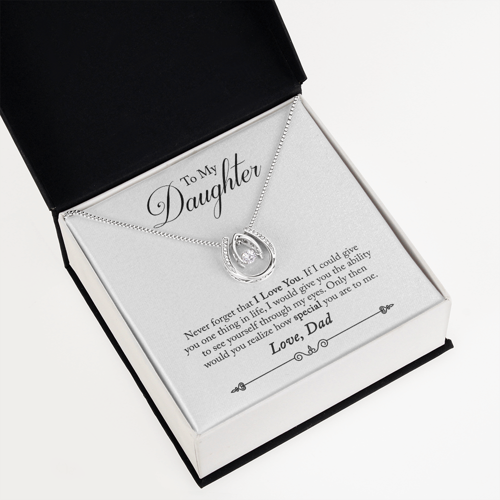 To Daughter from Dad Never Forget Lucky Horseshoe Necklace Message Card 14k w CZ Crystals-Express Your Love Gifts