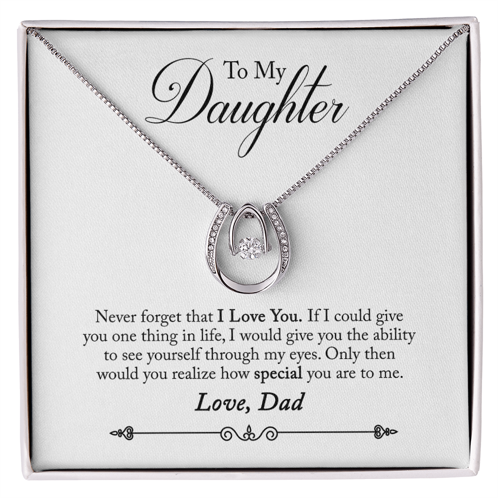 To Daughter from Dad Never Forget Lucky Horseshoe Necklace Message Card 14k w CZ Crystals-Express Your Love Gifts