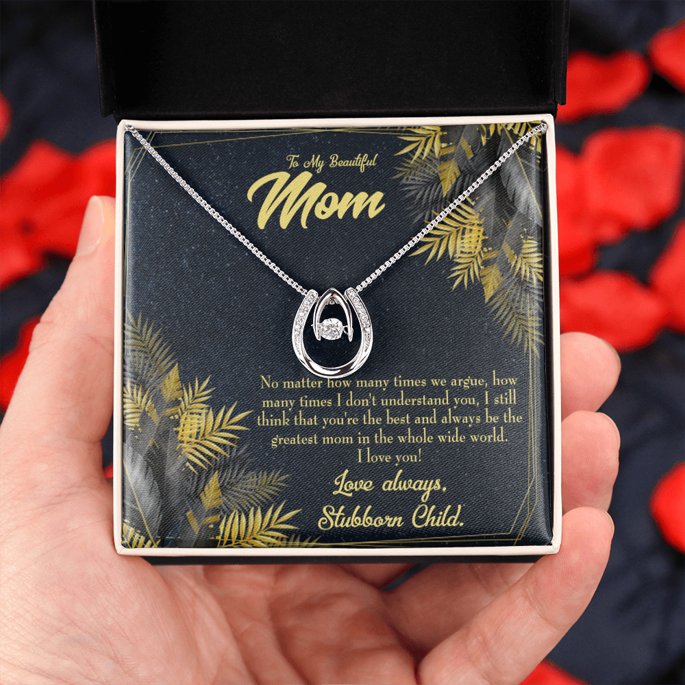 To Mom From Stubborn Child Always Lucky Horseshoe Necklace Message Card 14k w CZ Crystals-Express Your Love Gifts