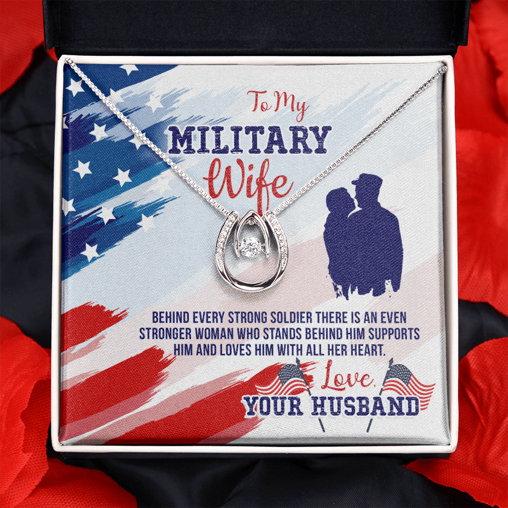 To My Army Wife Strong Soldier Lucky Horseshoe Necklace Message Card 14k w CZ Crystals-Express Your Love Gifts
