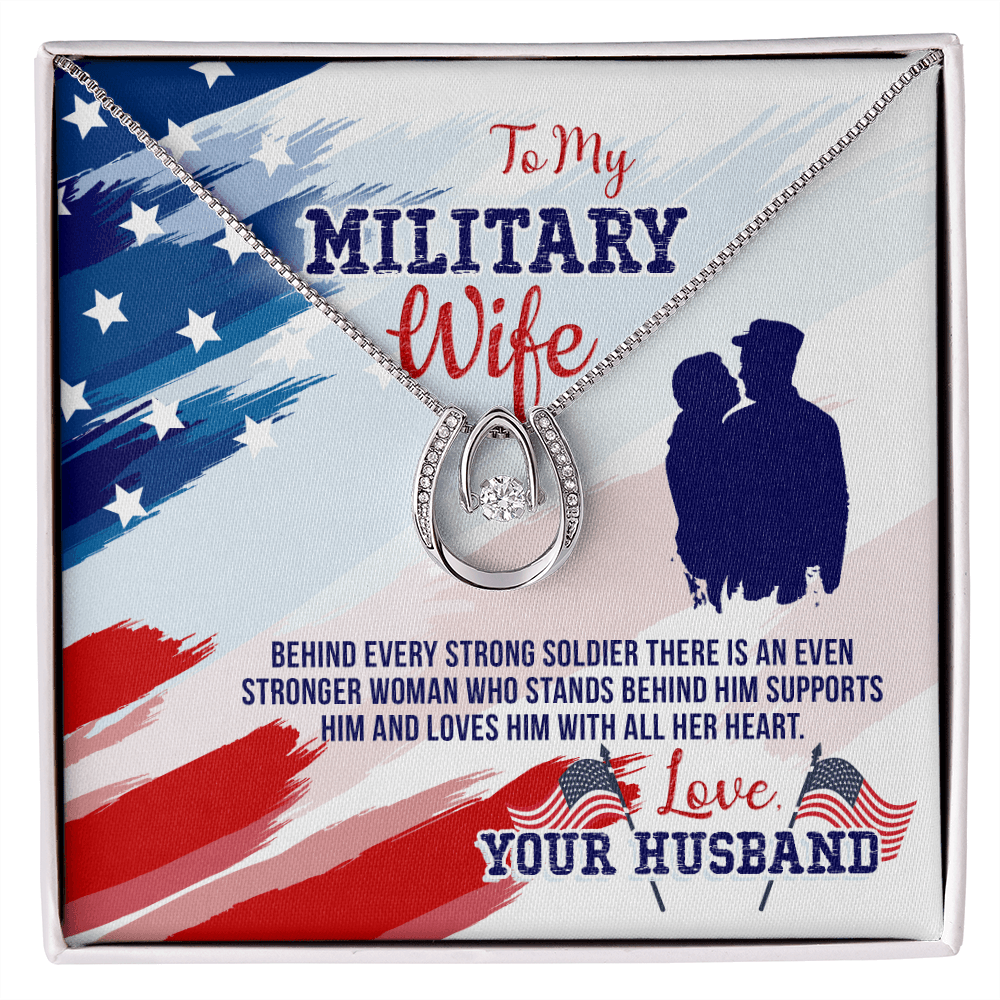 To My Army Wife Strong Soldier Lucky Horseshoe Necklace Message Card 14k w CZ Crystals-Express Your Love Gifts