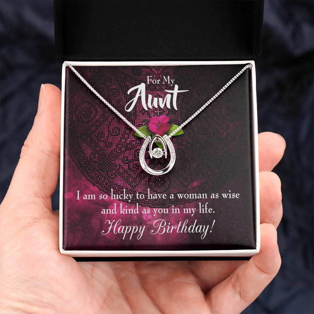To My Aunt Lucky to Have Happy Birthday Message Lucky Horseshoe Necklace Message Card 14k w CZ Crystals-Express Your Love Gifts