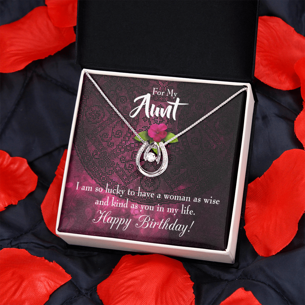 To My Aunt Lucky to Have Happy Birthday Message Lucky Horseshoe Necklace Message Card 14k w CZ Crystals-Express Your Love Gifts