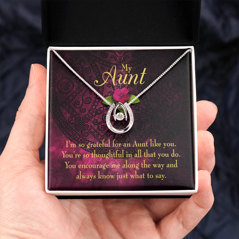 To My Aunt So Grateful Lucky Horseshoe Necklace Message Card 14k w CZ Crystals-Express Your Love Gifts