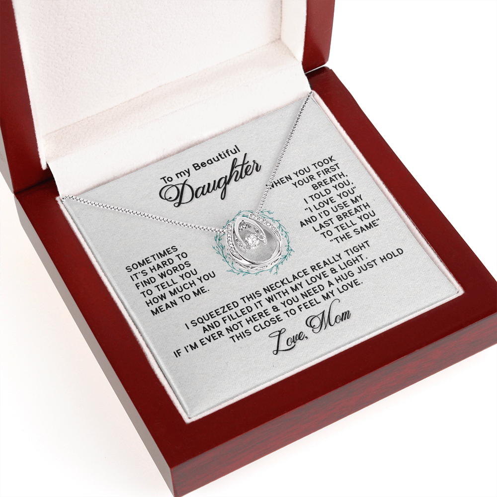 To My Beautiful Daughter-Hold It Close Lucky Horseshoe Necklace Message Card 14k w CZ Crystals-Express Your Love Gifts