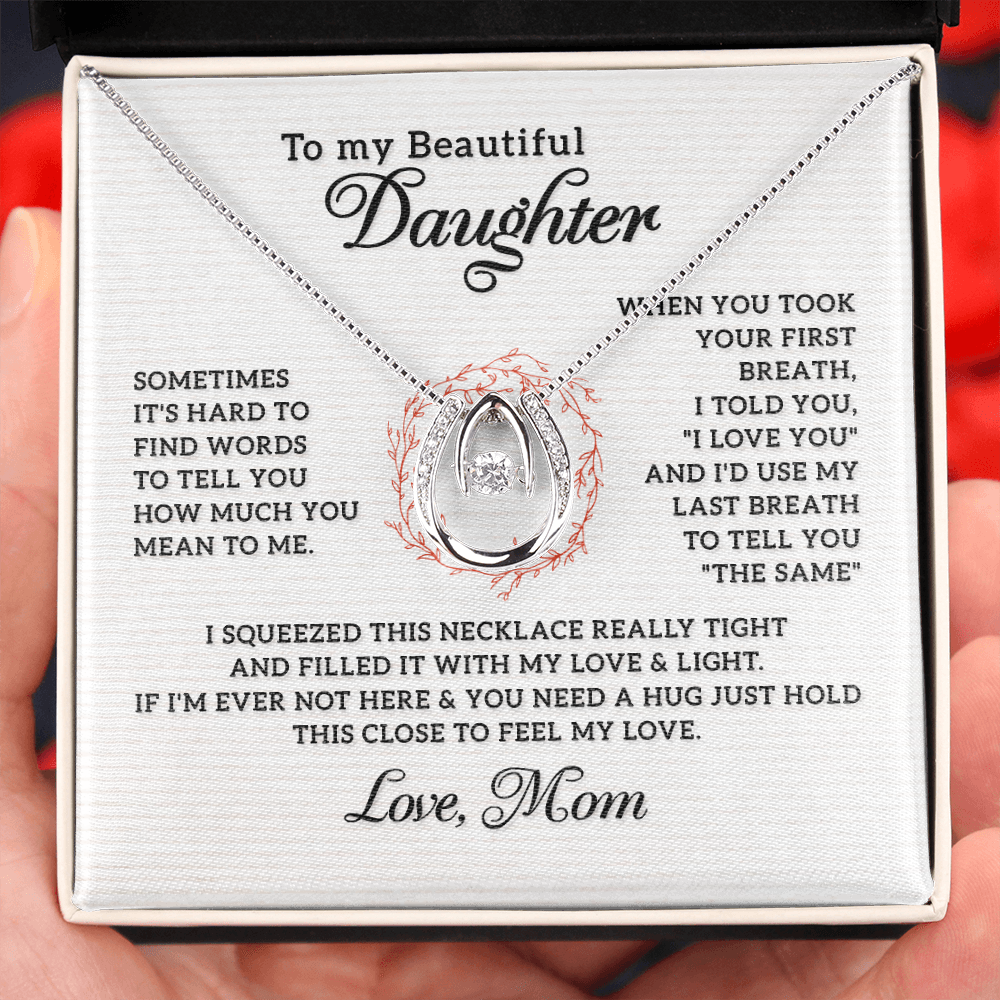 To My Beautiful Daughter-Last Breath Lucky Horseshoe Necklace Message Card 14k w CZ Crystals-Express Your Love Gifts